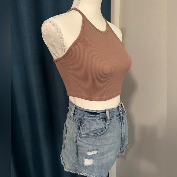 Brown Stretchy Ribbed Seamless High Neck Racerback Crop Top Size Small - Picture 6 of 6